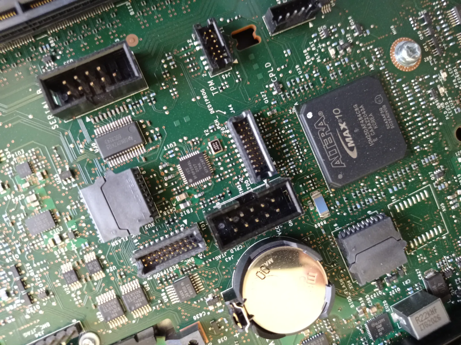 Server motherboard and controller hardware during inspection